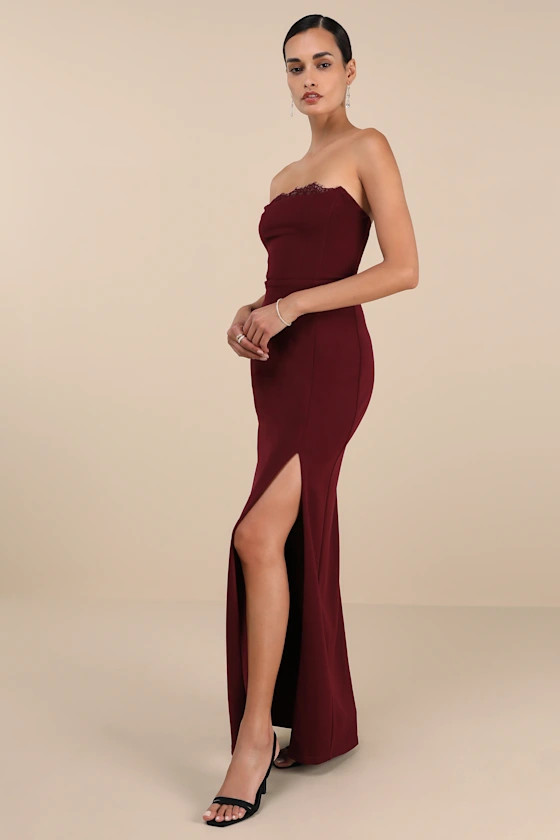 Memorably Iconic Burgundy Strapless Lace Bustier Maxi Dress | Lulus