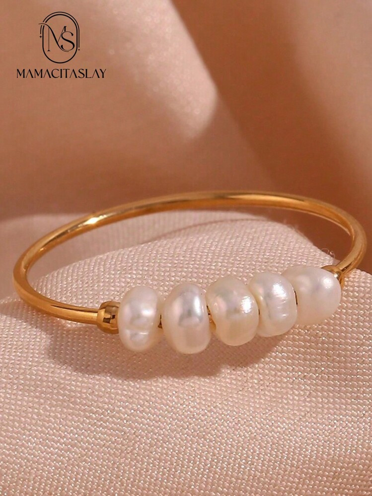 MamacitaSlay 1pc Fashionable Minimalist Stainless Steel Gold-Plated Ring Band With Small Freshwat... | SHEIN