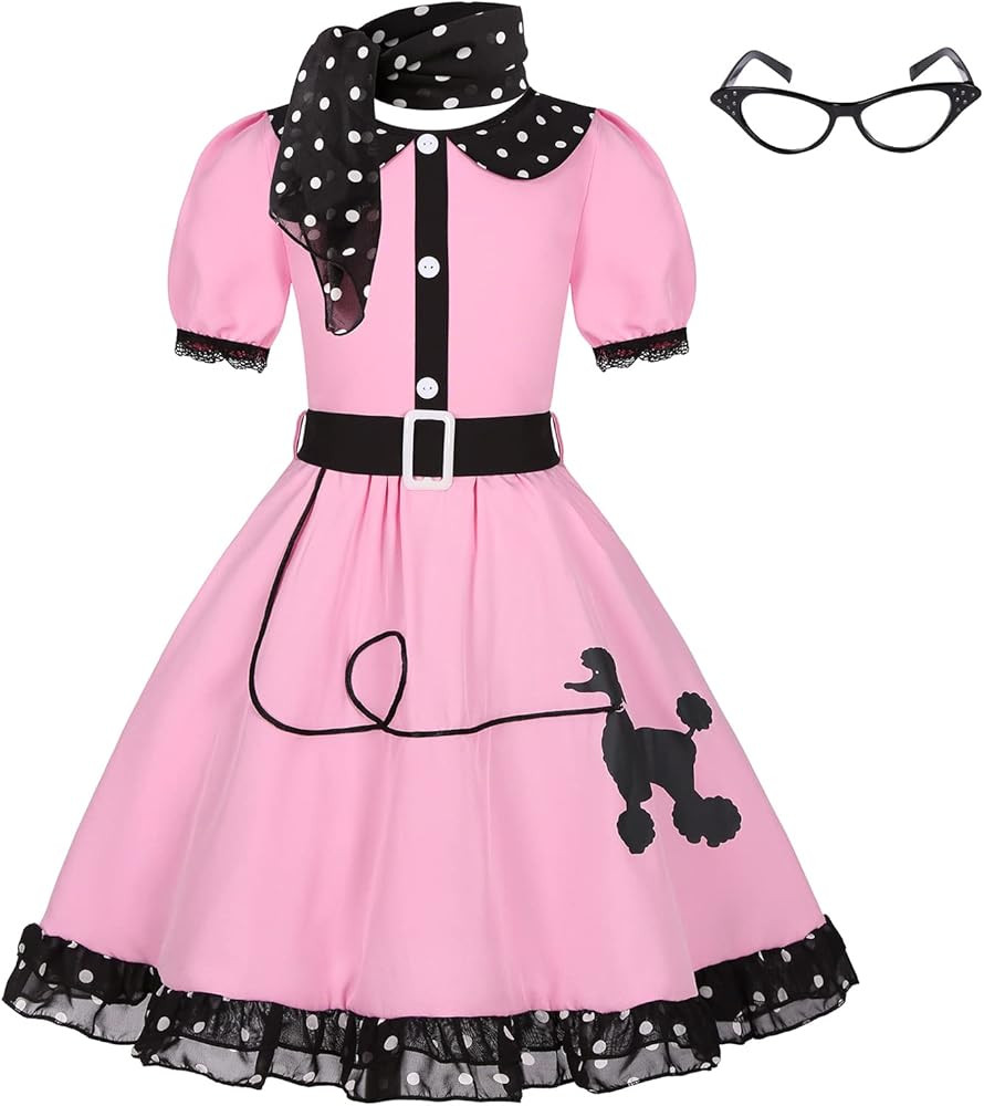 Girls 50s Costume Pink Blue Dress Set for Kids Halloween Costume | Amazon (US)
