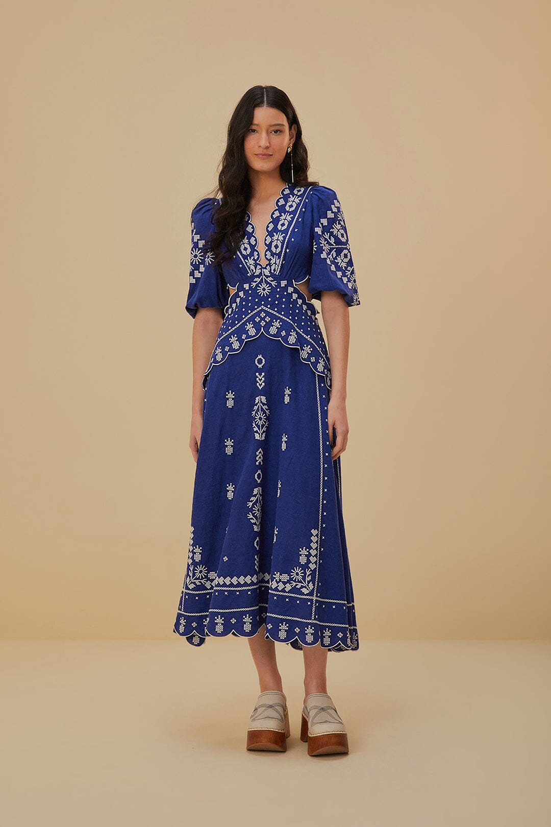 Navy Blue Embroidered Cut-Out Midi Dress | FarmRio (US)