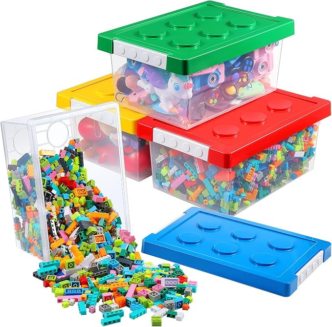 Vicenpal 4 Pack Toy Storage Containers with Lids Brick Shaped Kids Toy Organizer Box Plastic Clea... | Amazon (US)