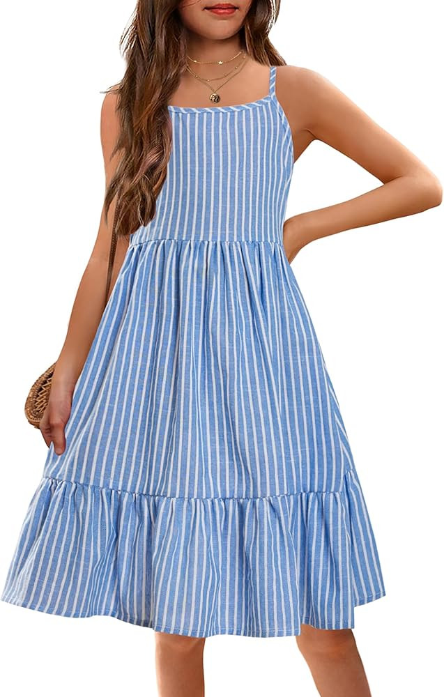Arshiner Girl's Summer Sundress Spaghetti Strap Solid Linen Midi Dress Casual Cami Dresses | Amazon (US)