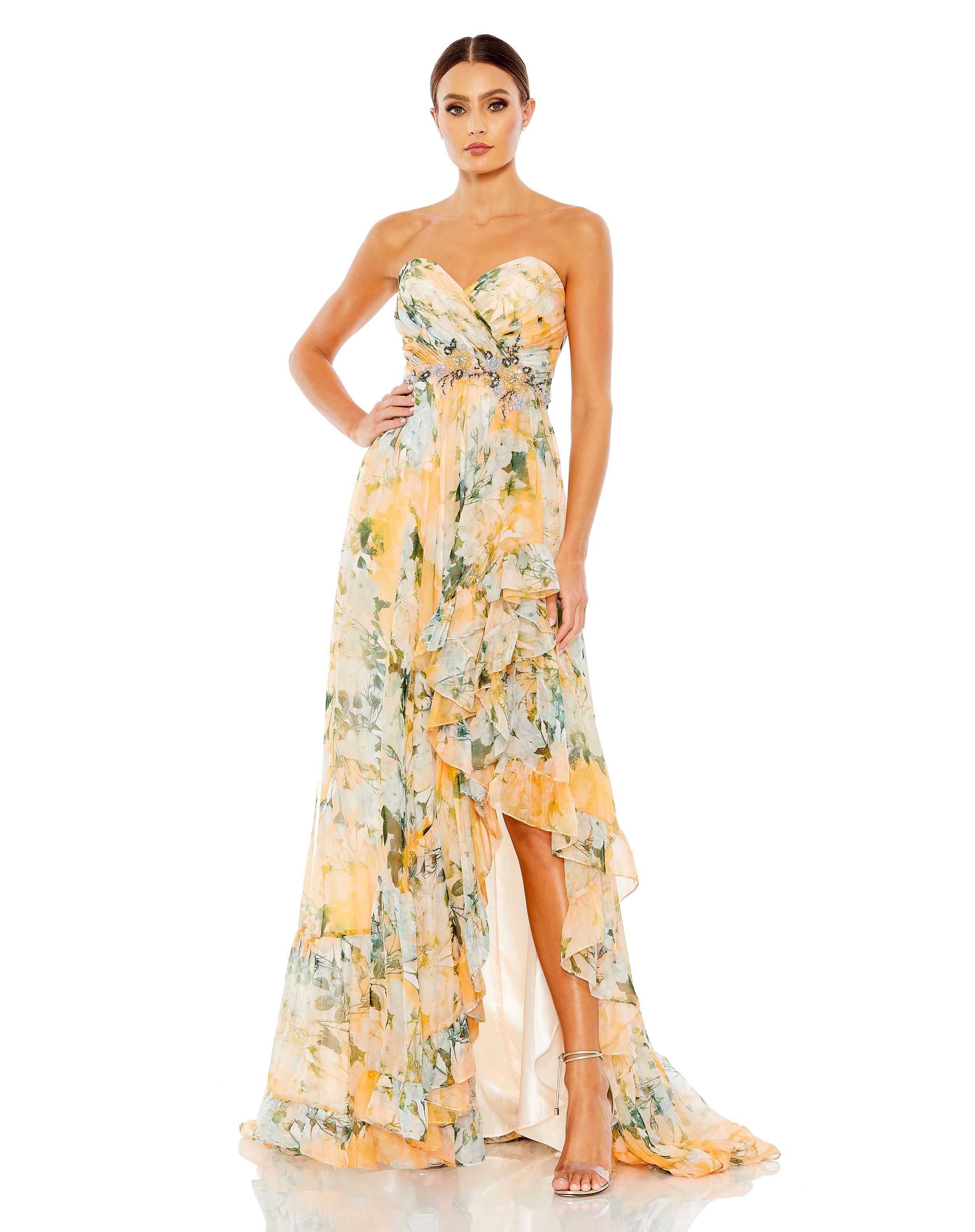 Ruffled Asymmetrical Hem Strapless Gown | Mac Duggal