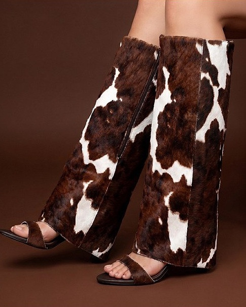 How fab are the @GianniBini “Okeke” Two Cow Print Haircalf Knee High Open Toe Stiletto Dress Sandals from @dillards for $249.99 ??