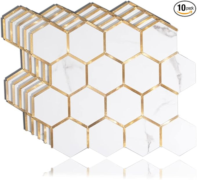 Diflart Peel and Stick Kitchen Backsplash Tiles Gold and White Hexagon PVC Wall Tile Faux Marble ... | Amazon (US)
