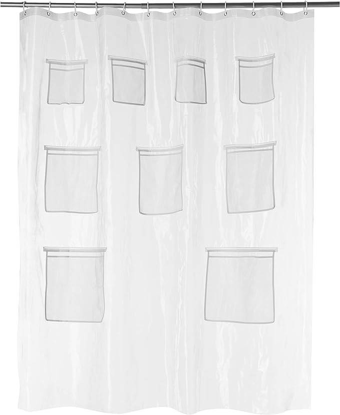 Amazon Basics 8-Gauge PEVA Shower Curtain or Liner with Mesh Storage Pockets - 72" x 72", Clear | Amazon (US)