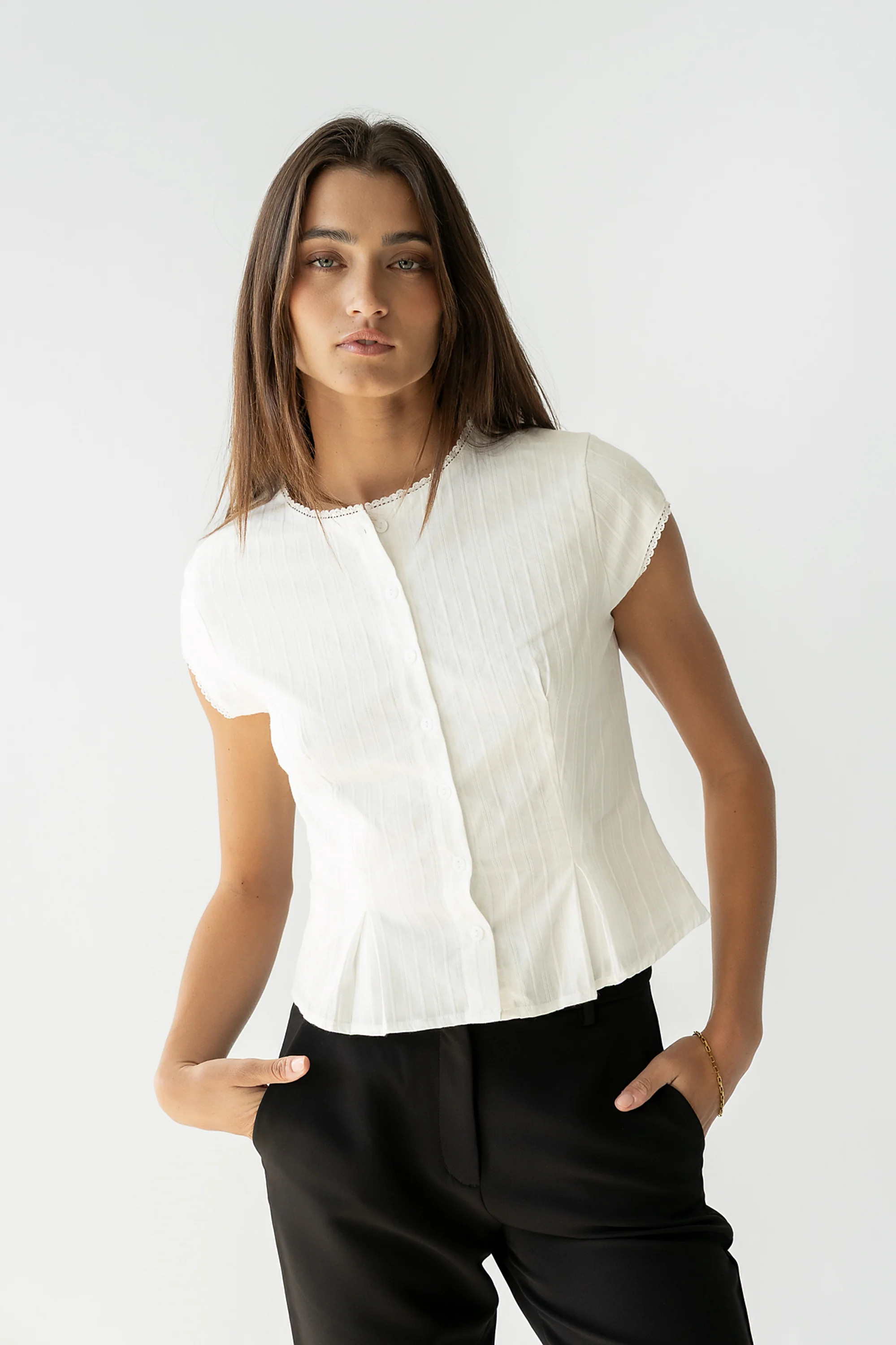 Rumi Button Front Blouse in White | Böhme US
