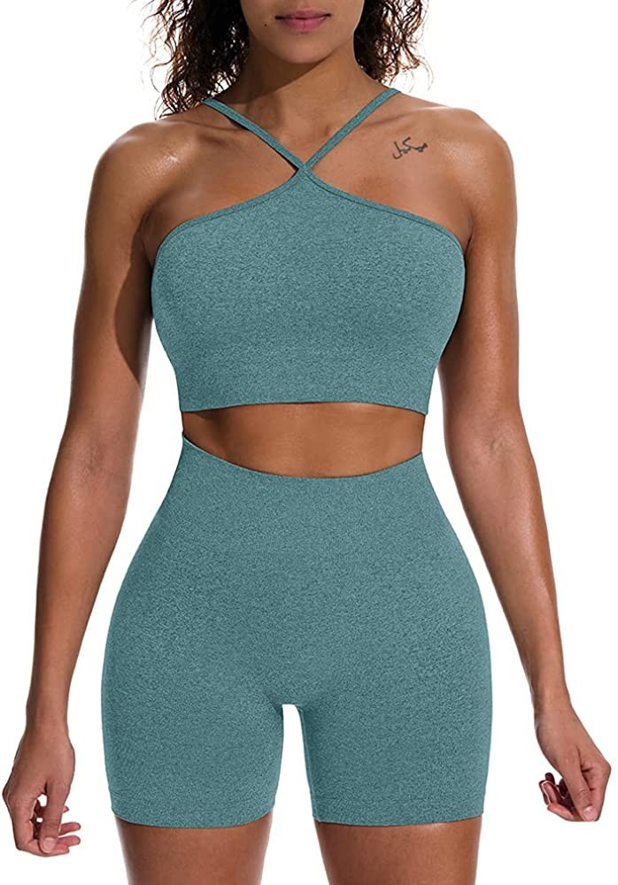 HYZ Women's Workout 2 Piece Outfits High Waist Running Shorts Seamless Gym Yoga Crop Top Bra Sets | Amazon (US)
