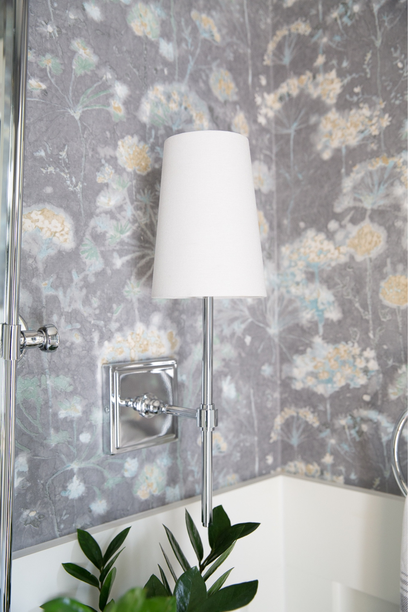 An up close look at my chrome shaded wall sconces from Pottery Barn. I love the simple, classic look of these. Also, linking my gray floral wallpaper as well as several other similar wall sconces. Perfect for a bathroom or over a fireplace!

#LTKfindsunder100 #LTKstyletip #LTKhome