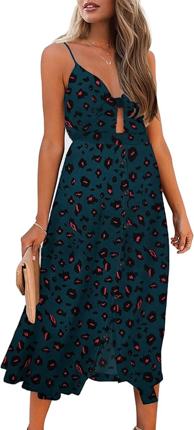 ECOWISH Women Dresses Summer Tie Front V-Neck Spaghetti Strap Button Down A-Line Backless Swing M... | Amazon (US)