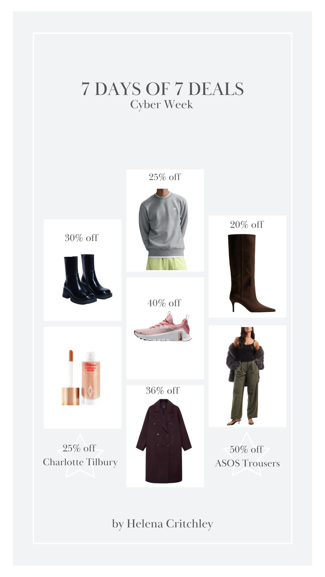 Black Friday Cyber Week! 7 Days of 7 Deals - Day Two 🖤 

Black Friday Cyber Week, Boots, Charlotte Tilbury, Nike Trainers, Wool Coat, Knee High Boots, Khaki Trousers, Winter Style, Winter Outfit  

 

#LTKCyberWeek #LTKuk #LTKwinter