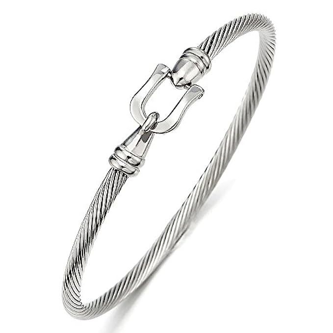 COOLSTEELANDBEYOND Stylish Stainless Steel Twisted Cable Bangle Bracelet with Hook Clasp for Women a | Amazon (US)