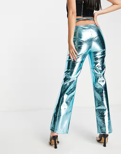 COLLUSION metallic faux leather straight leg trousers in blue | ASOS (Global)