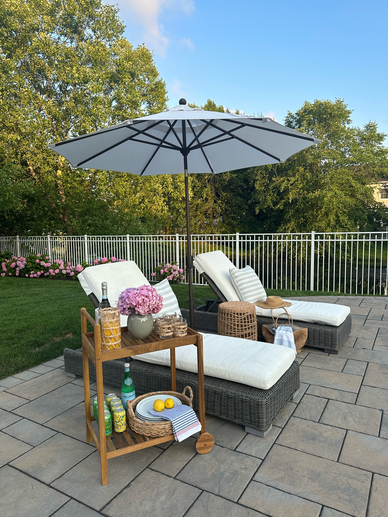 PATIO BAR CART 
Acadia wood outdoor cart. Rolling bar cart. Serving cart. Drink cart.  Umbrella. Umbrella base. Green vase  

#LTKunder100 #LTKSeasonal