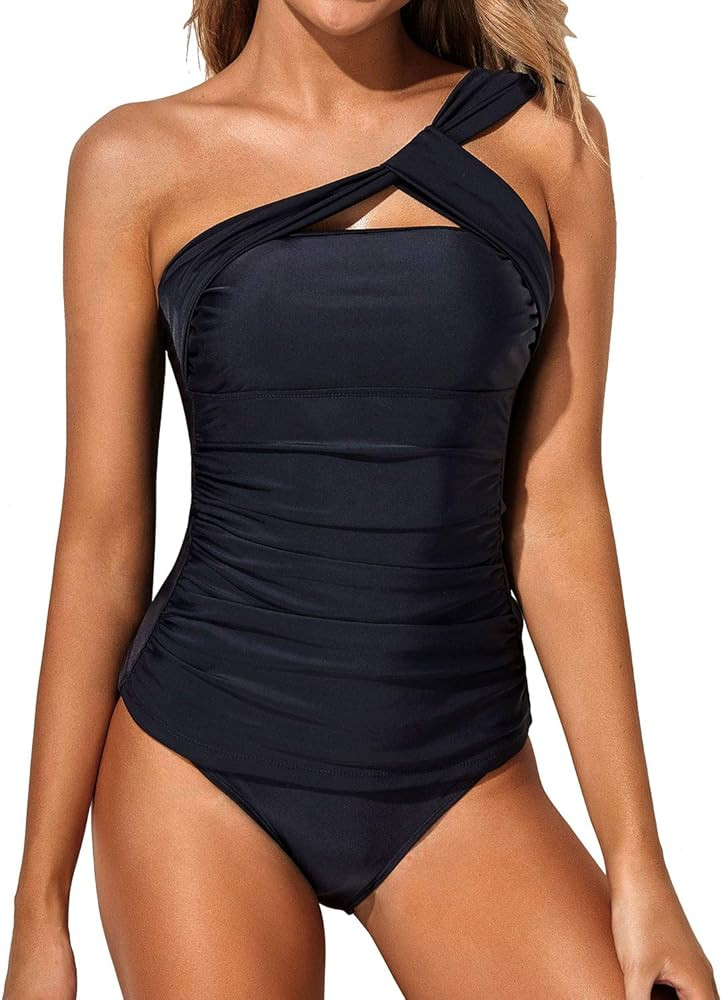 Tempt Me Women Tankini Ruched One Shoulder Tummy Control Top with Shorts Two Piece Swimsuits | Amazon (US)