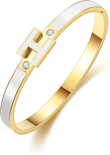 Gold Bracelets for Women, H Bangle Bracelet, Dainty 18K Gold Plated Stainless Steel Enamel Bracelet for Everyday, Work, Party, Stackable Gift for Mom, Wife, Girlfriend | Amazon (US)
