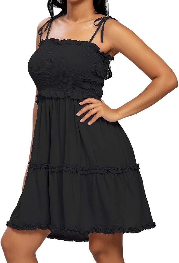 Daenery Spaghetti Strap Ruffle Hem Blackless Solid Color Mini Dress | Amazon (US)
