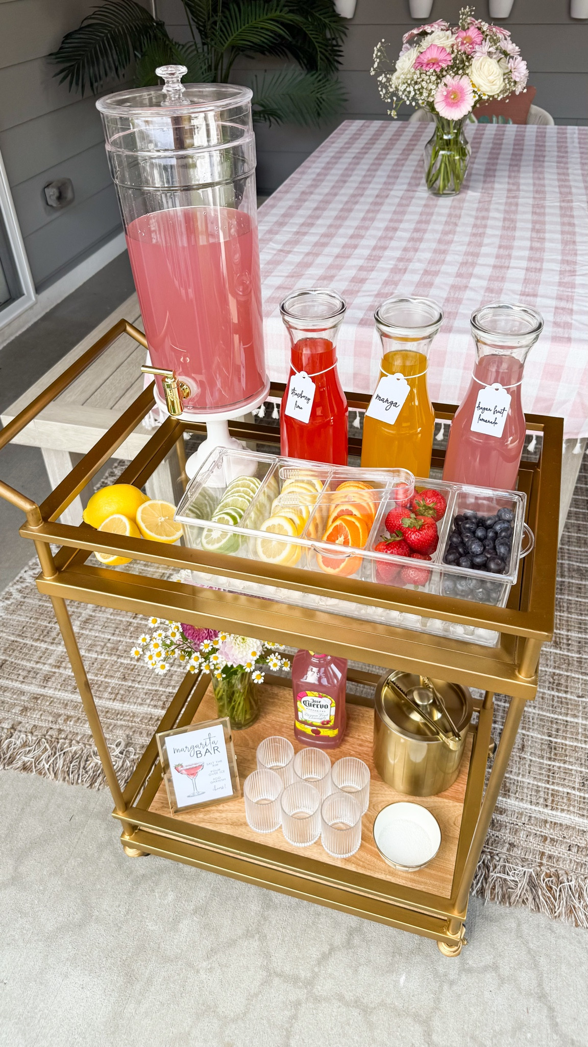 DIY MARGARITA STATION! 

Bar cart, glassware, bowl, metal ice bucket, server caddy, glass carafe, pink checkered tablecloth, outdoor furniture, table, chairs, rug, planter, patio furniture, rainbow flag banner 

#LTKParties #LTKHome #LTKSeasonal