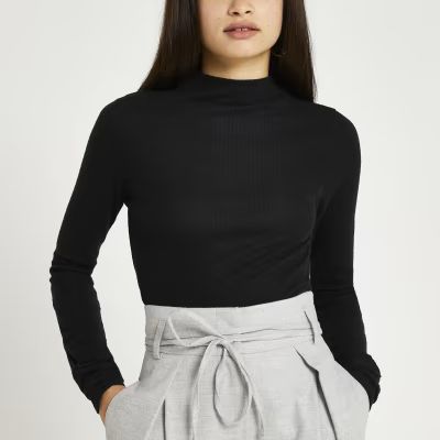 Black long sleeve high neck ribbed top | River Island (UK & IE)