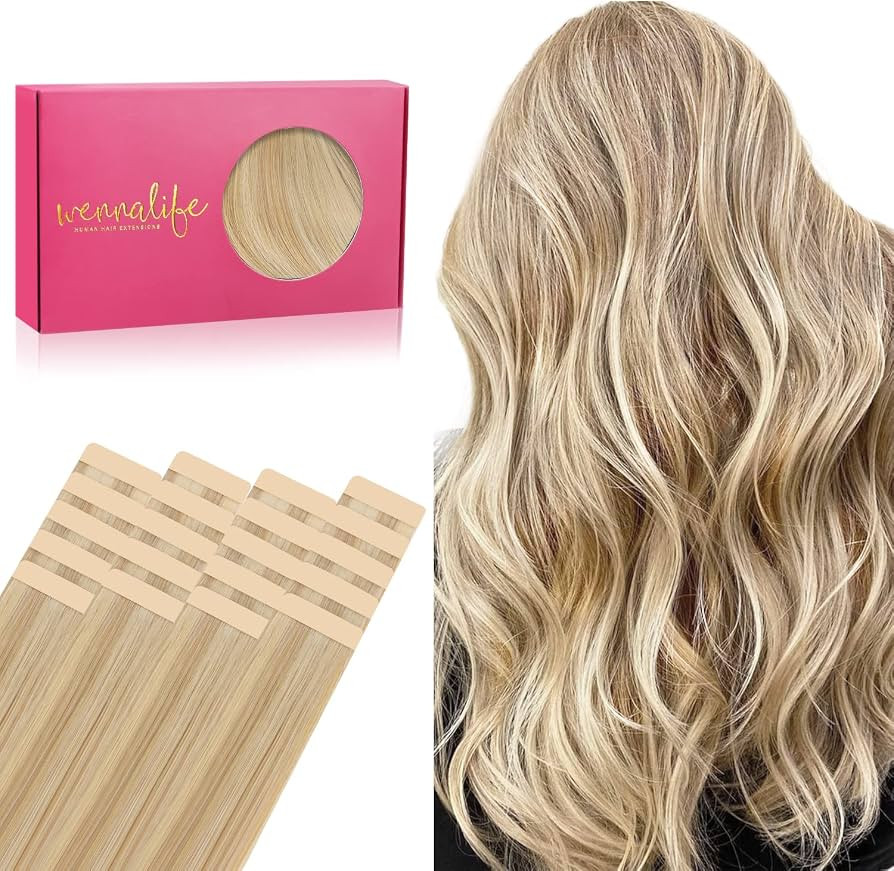 WENNALIFE Tape in Hair Extensions Human Hair, 20pcs 50g 20 inch Light Blonde Highlighted Golden B... | Amazon (US)