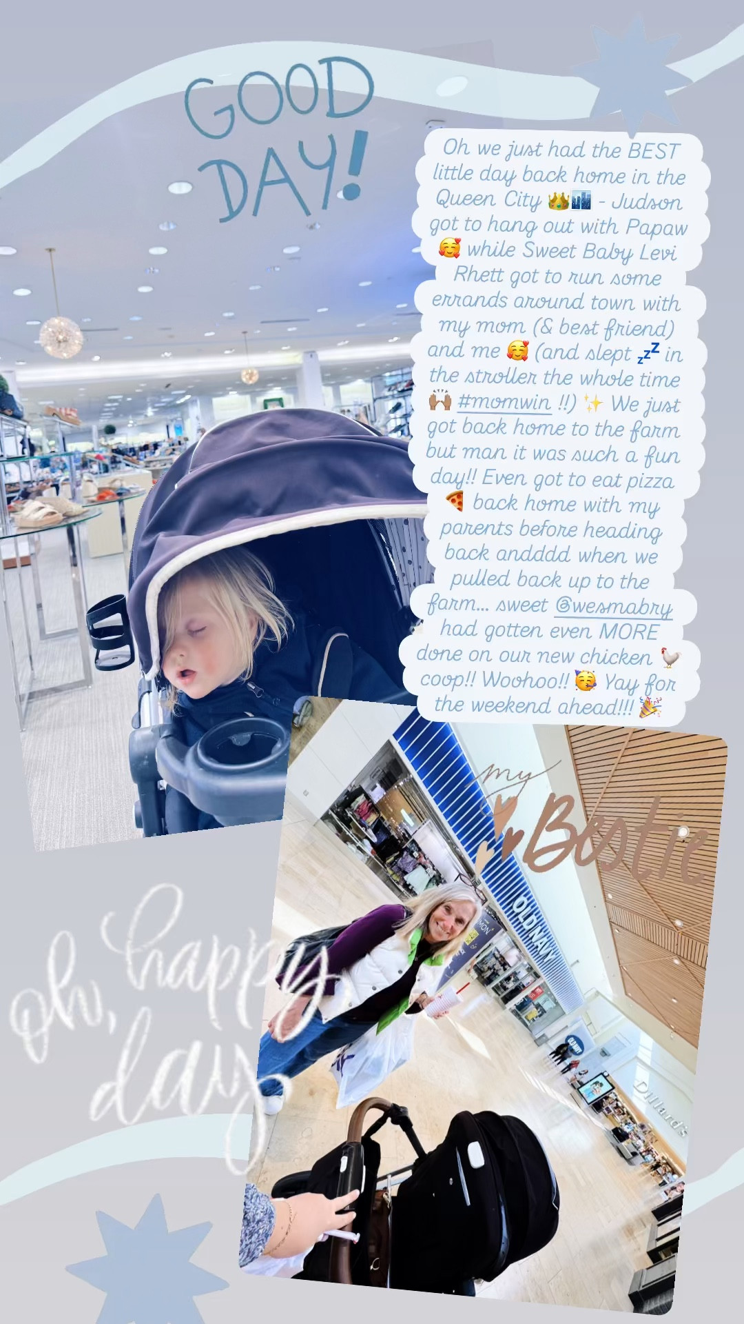 Oh we just had the BEST little day back home in the Queen City 👑🏙️ - Judson got to hang out with Papaw 🥰 while Sweet Baby Levi Rhett got to run some errands around town with my mom (& best friend) and me 🥰 (and slept 💤 in the stroller the whole time 🙌🏽 #momwin !!) ✨ We just got back home to the farm but man it was such a fun day!! Even got to eat pizza 🍕 back home with my parents before heading back andddd when we pulled back up to the farm… sweet @wesmabry had gotten even MORE done on our new chicken 🐓 coop!! Woohoo!! 🥳 Yay for the weekend ahead!!! 🎉 