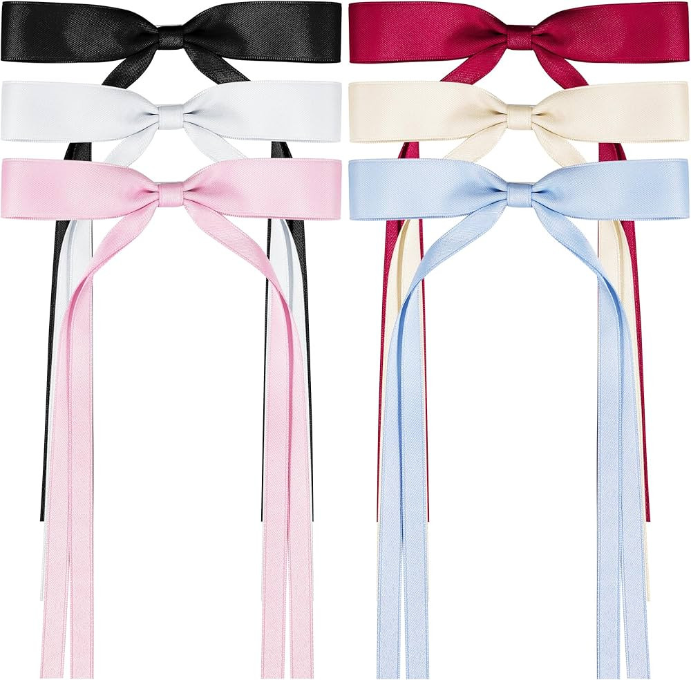 6 PCS Hair Bows for Women, Satin Hair Ribbon Hair Bows Metal Bow Hair Clips with Long Tail, Tasse... | Amazon (US)