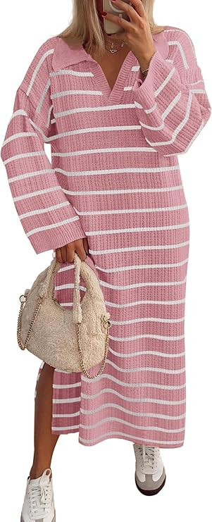 MEROKEETY Women's 2024 Long Sleeve Striped Sweater Dress V Neck Collared Slit Casual Knit Maxi Dr... | Amazon (US)