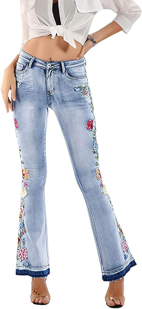 utcoco Women's Flare Bell Bottom Jeans Floral High-Rise Denim Pants | Amazon (US)