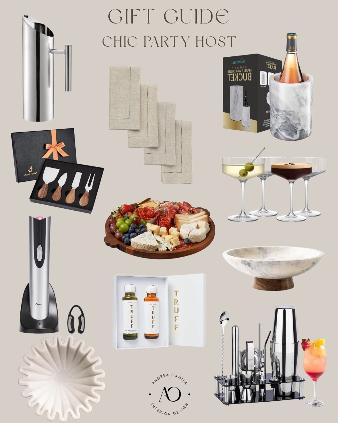 The best gift guide for the girl who has everything. Unique gifts for the chic party host. Marble decorative bowl. Stainless steel water pitcher. Careless electric wine bottle opener. Marble wine chiller bucket. White truffle gift set. Natural linen napkin set. Wooden charcuterie board. Cheese knife set. Ribbed glass martini coupe glasses. Cocktail shaker set bartender kit with acrylic stand. Ruffle marble bowl  


#LTKHoliday #LTKGiftGuide #LTKCyberWeek