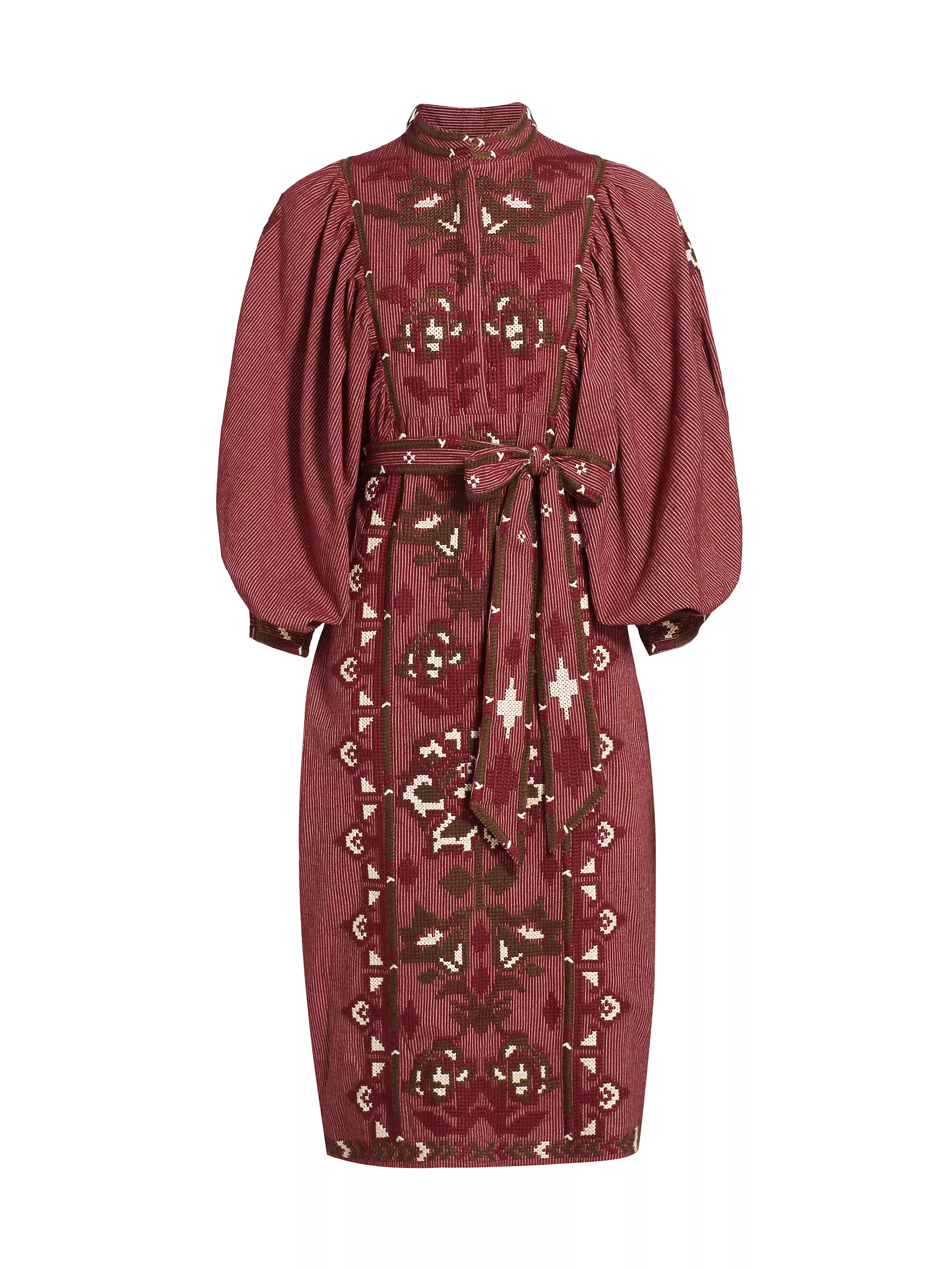 Toucans Embroidered Tie-Waist Midi-Dress | Saks Fifth Avenue