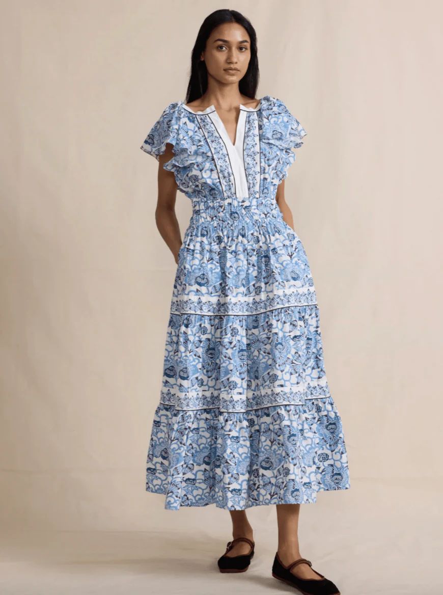 Olivia Dress in Indigo Kimono Woodblock | Beau & Ro