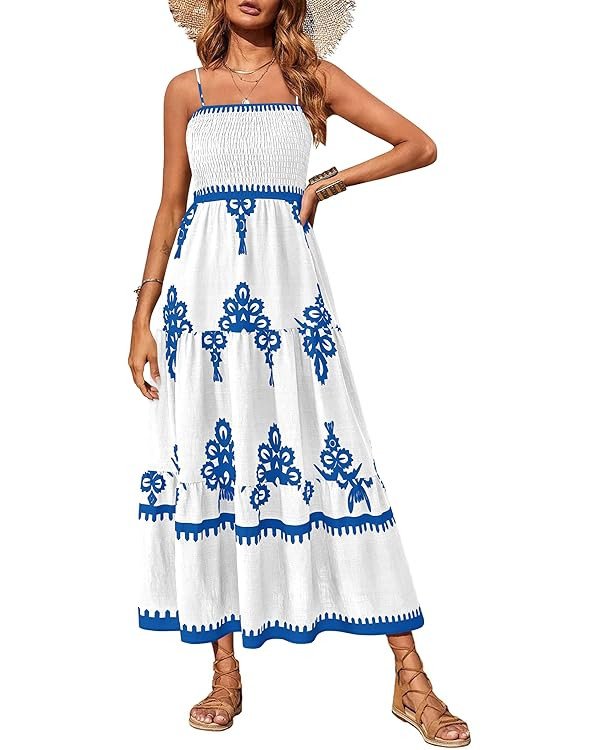 PRETTYGARDEN Women's Summer Maxi Dress 2026 Casual Boho Sleeveless Spaghetti Strap Smocked Tiered... | Amazon (US)
