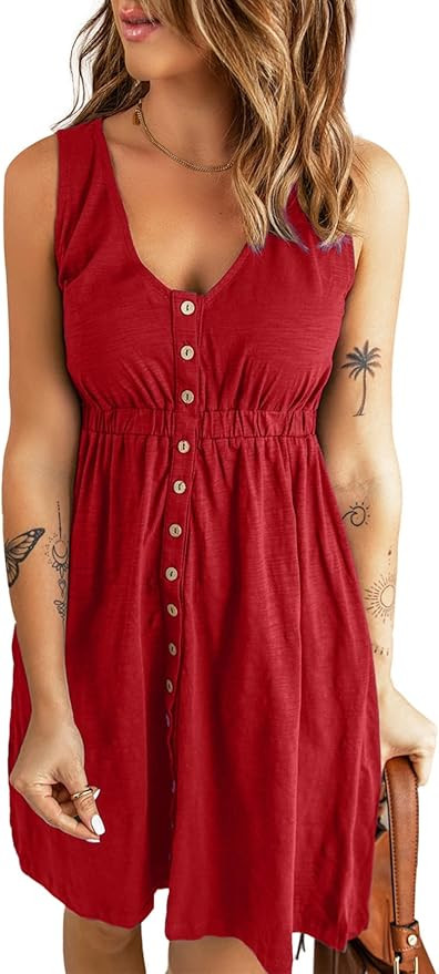 Acelitt Womens Casual Sleeveless Button Down Elastic Waist Swing Dresses, S-2XL | Amazon (US)