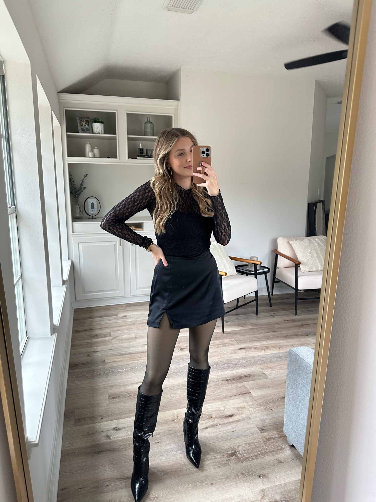 All black date night outfit! Fleece lined tights & knee boots true to size. Linked similar options to my mini skirt and lace top!

#LTKstyletip #LTKSeasonal #LTKSpringSale