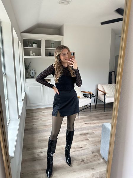 All black date night outfit! Fleece lined tights & knee boots true to size. Linked similar options to my mini skirt and lace top!

#LTKstyletip #LTKSeasonal #LTKSpringSale