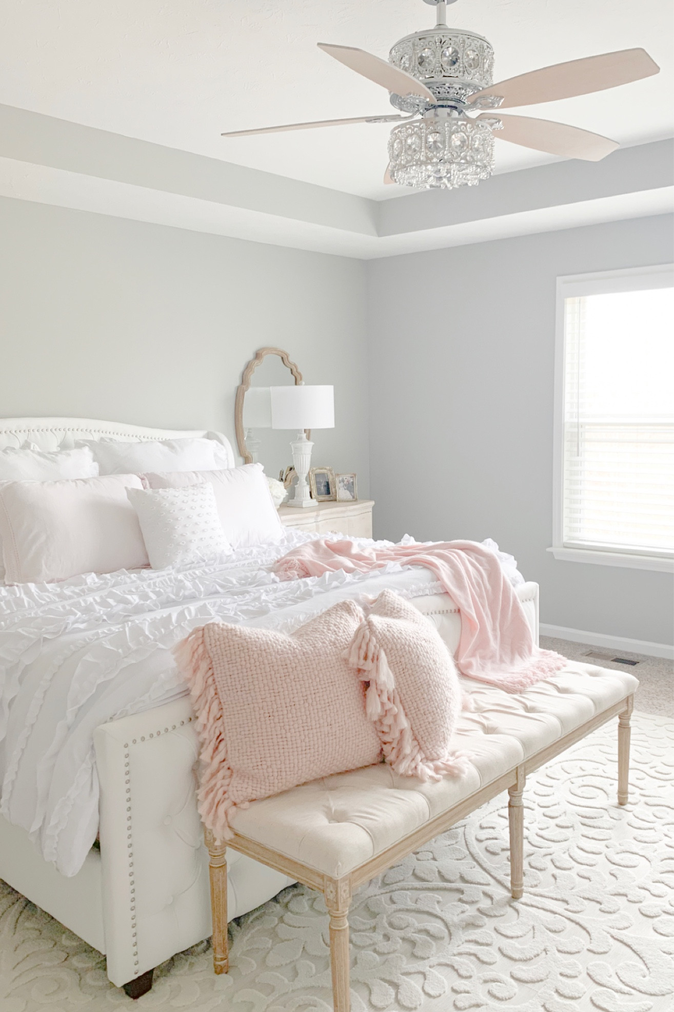Bedroom 
White bedding 
Comforter set
White upholstered bed
Mirrors 
Table lamps
Ceiling fan
Crystal chandelier 
White bed
Upholstered bench
Bedroom rug
Fandelier
Glam decor
Rug
Neutral decor
Throw blankets 
Tufted bed
Neutral rug
White furniture 
Pink home decor
Bedroom decor
Primary bedroom 
Ruffle bedding 
Shabby Chic 
Scalloped mirror
Bedroom lamp
Crystal chandelier 
White decor


#LTKunder100 #LTKhome