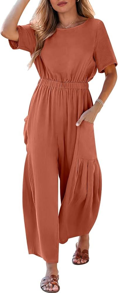 ANRABESS Linen Jumpsuits For Women 2024 Summer Casual Loose Short Sleeve Wide Leg One Piece Jumpe... | Amazon (US)