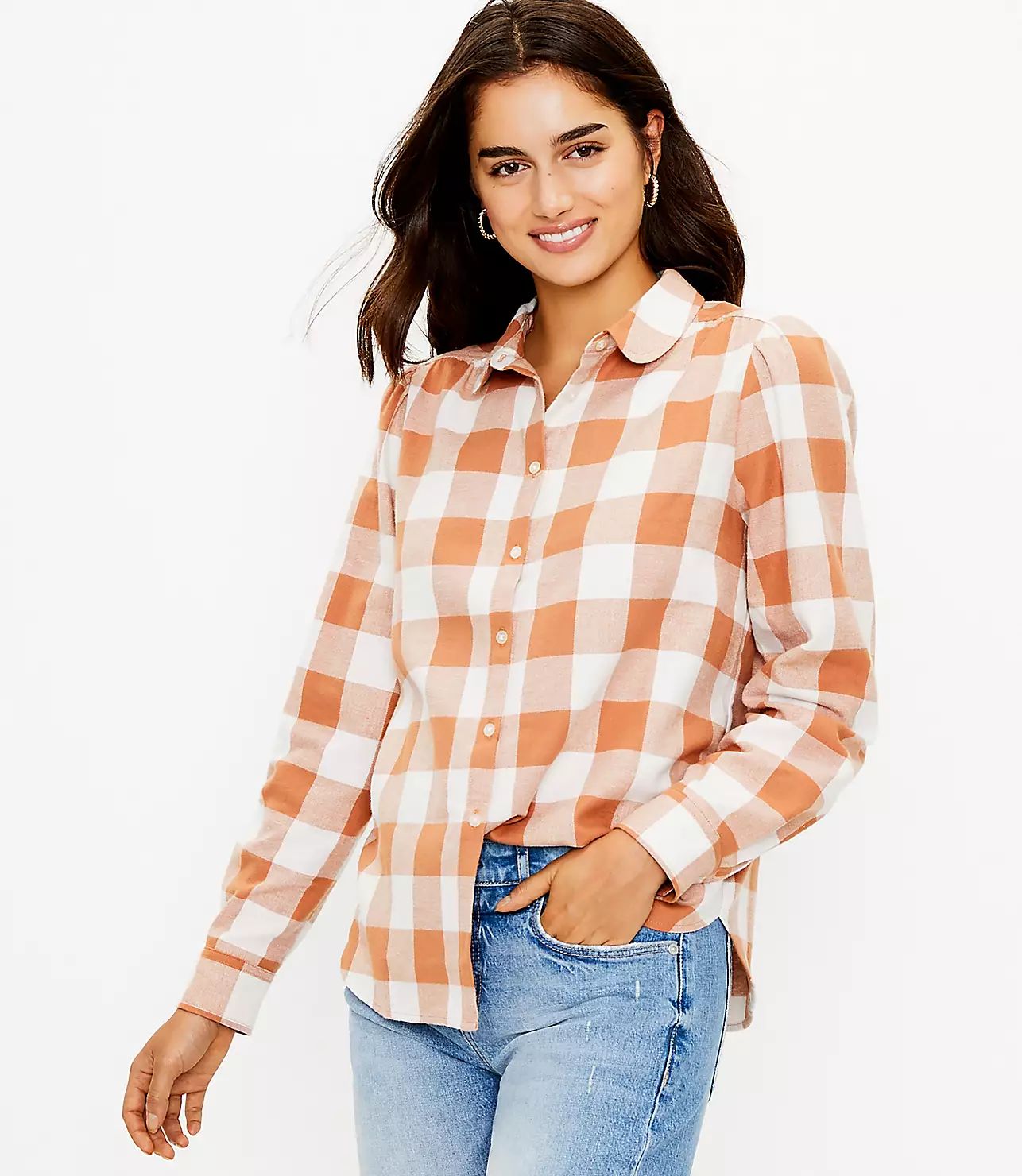 Plaid Flannel Round Collar Shirt | LOFT
