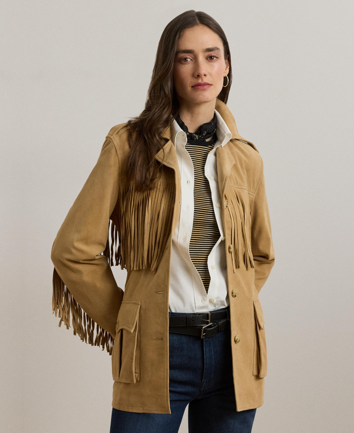 Lauren Ralph Lauren Women's Fringe-Trim Belted Goat-Suede Jacket - Birch Tan | Macy's