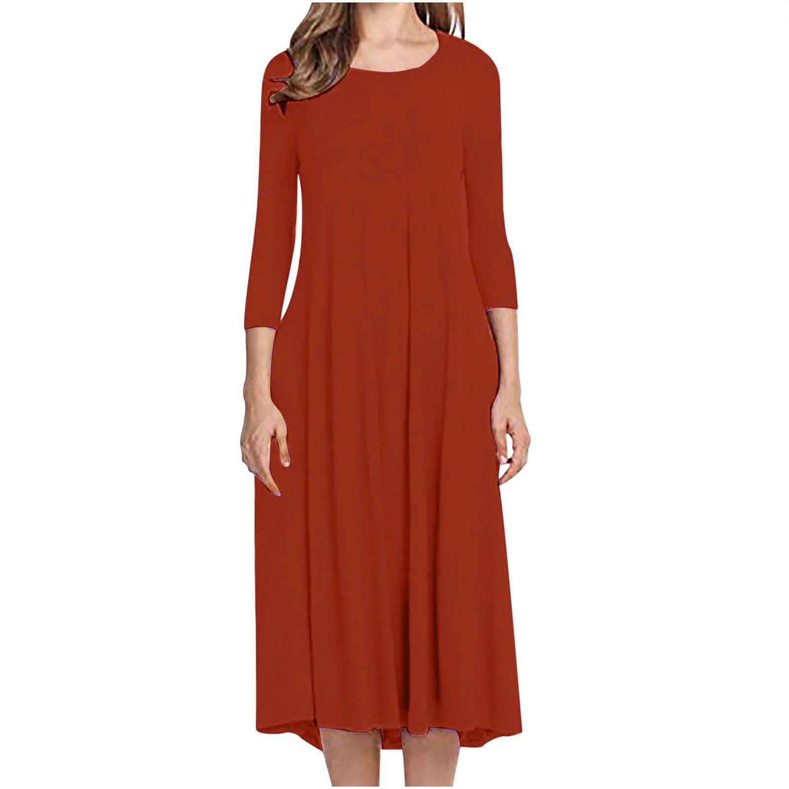 Hfyihgf Women's Fall Casual 3/4 Sleeve Dresses Crewneck Empire Waist Loose A-Line Flare Midi Dres... | Walmart (US)
