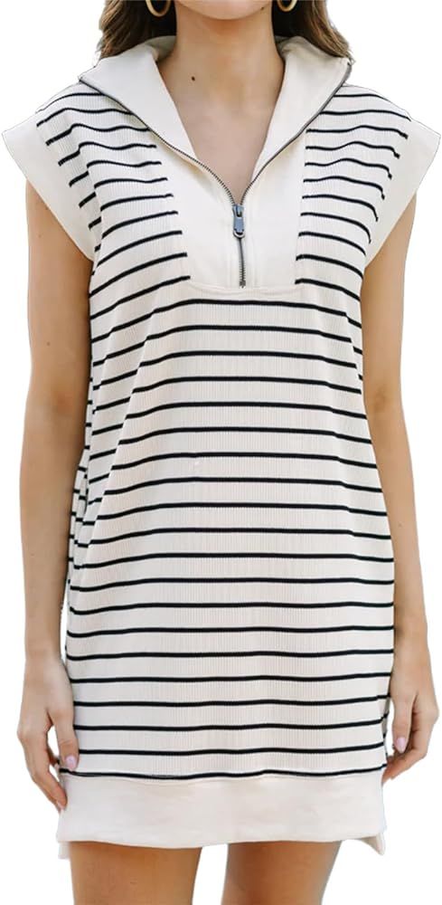 Women’s Casual Summer Dress V Neck Loose Cap Sleeve Striped Mini Dresses | Amazon (US)