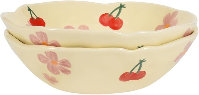 Koythin Salad Bowls Set of 2, Cute Cherry Flower Ceramic Bowls, Cream Yellow Serving Bowl for Pas... | Amazon (US)