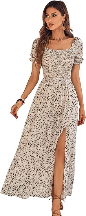 SweatyRocks Women's Ditsy Floral Split Thigh Maxi Dress Puff Sleeve Shirred Bodice Long Dresses B... | Amazon (US)
