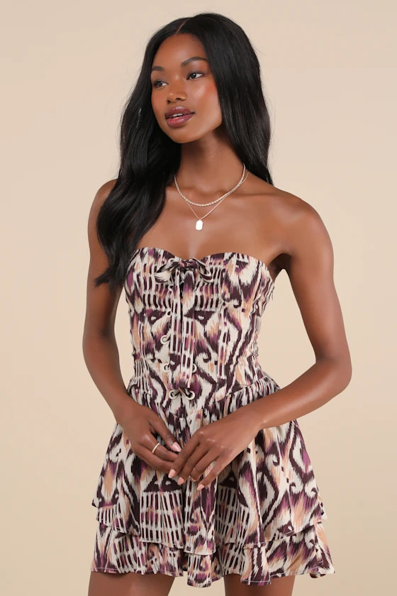 Carefree Energy Taupe Boho Print Lace-Up Strapless Tiered Romper | Lulus