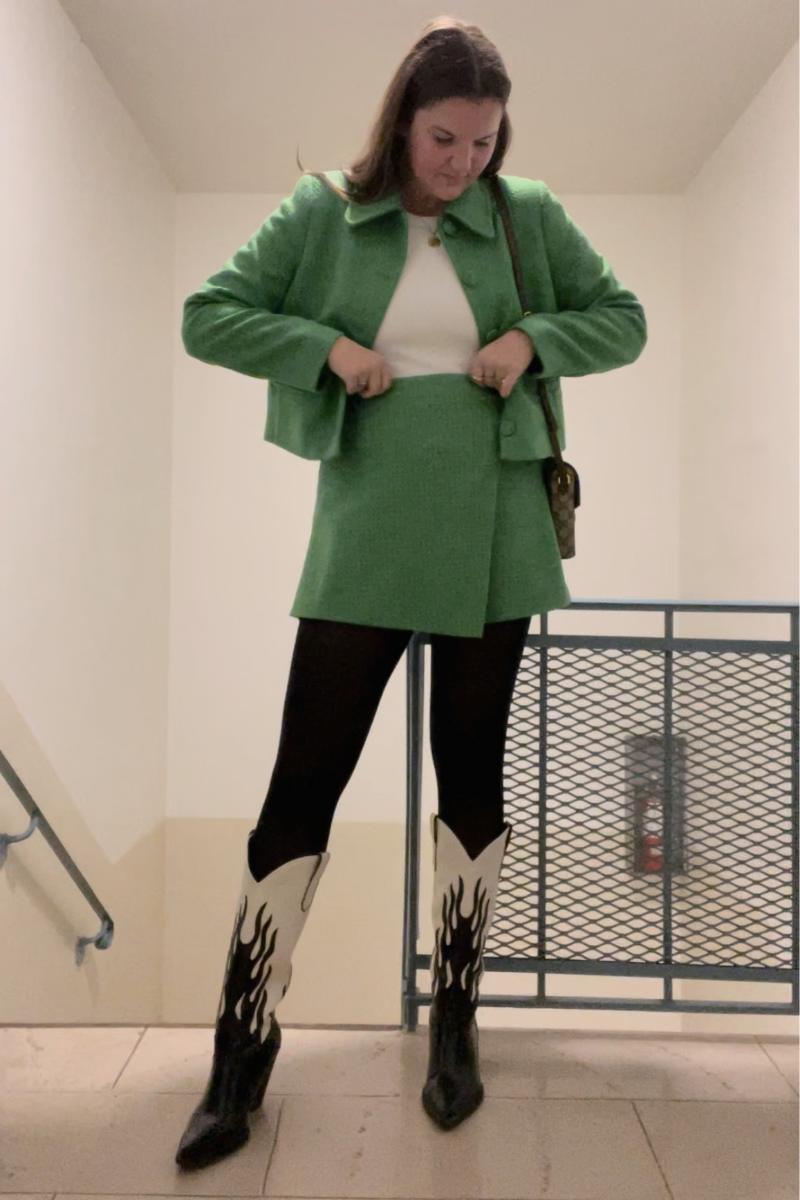 And other stories Buttoned Tweed Jacket in green, tweed skort, matching set, wear to the office, work outfit, fall / winter, skirt, bright fashion, colorful clothing, budget friendly, affordable, under $100, coat, long sleeve white bodysuit, flame black and white cowboy boots, sheer black tights, comfy, casual, watch, necklace, casual outfit for dinner, date night, comfy clothes, on sale now, gold jewelry from Amazon, rings, Just purchased / new arrival, shop ruthie / wolf & badger VIRGO ZODIAC NECKLACE, gold coin necklace, monochromatic, GUCCI Horsebit 1955 small GG-canvas and leather bag, neutral crossbody, designer purse, small bag

#LTKstyletip #LTKunder50 #LTKunder100