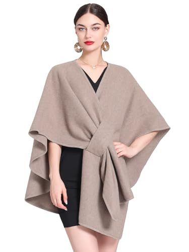 BRYCTSISEN Women's Open Front Cardigan Shawls Elegant Solid Color Poncho Ruana Cape Plus Size Knit Wraps for Fall Winter (Khaki) | Amazon (US)