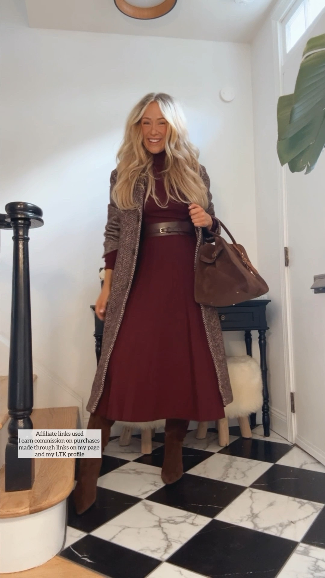 Burgundy sweater dress outfit

Abercrombie brown coat wool blend
Over 40 fashion 