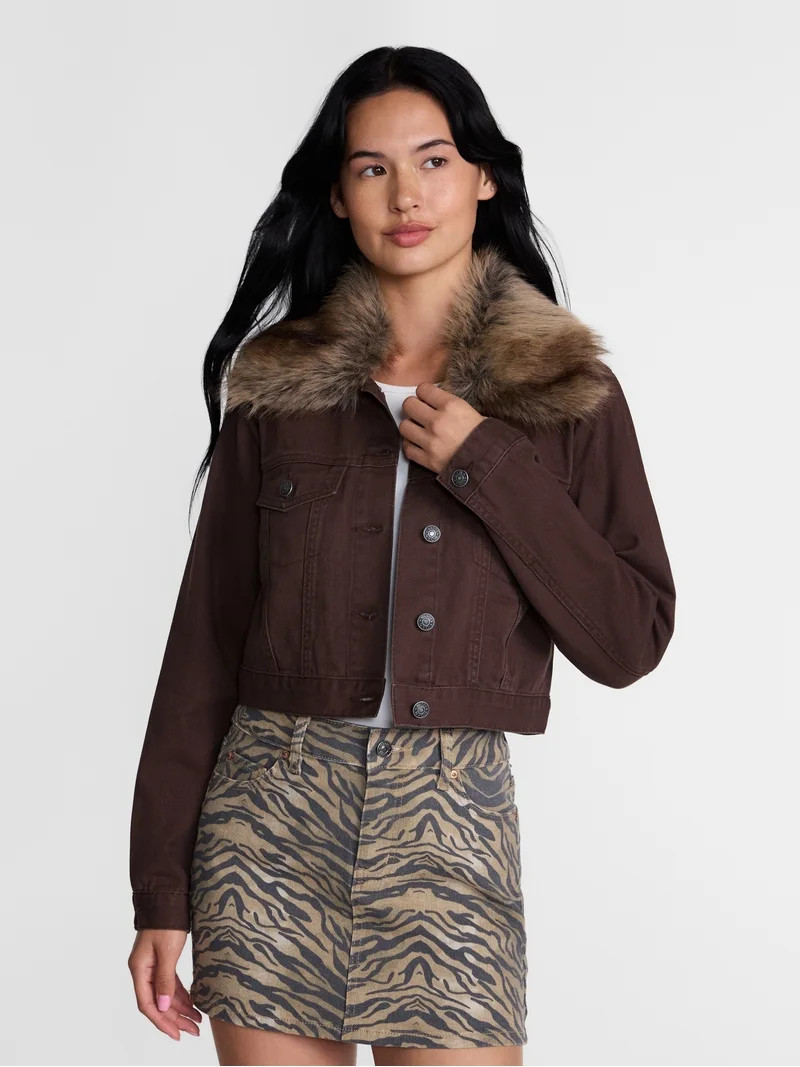 Madden NYC Women's Cropped Denim Jacket with Faux Fur Collar, Sizes XXS-XXL | Walmart (US)