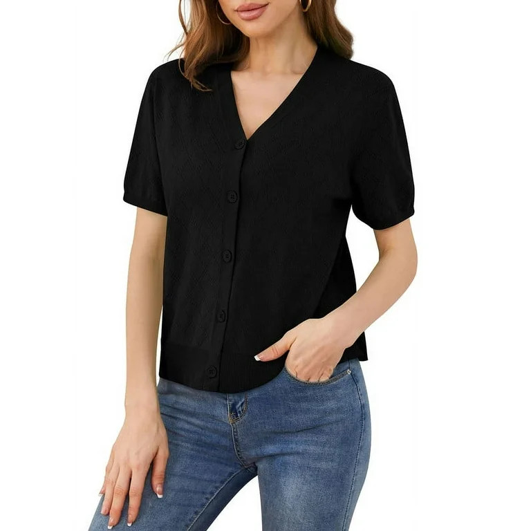 Uvplove Women's V Neck Crochet Knit Cardigan Short Sleeve Open Front Button Down Hollowed Out Sof... | Walmart (US)