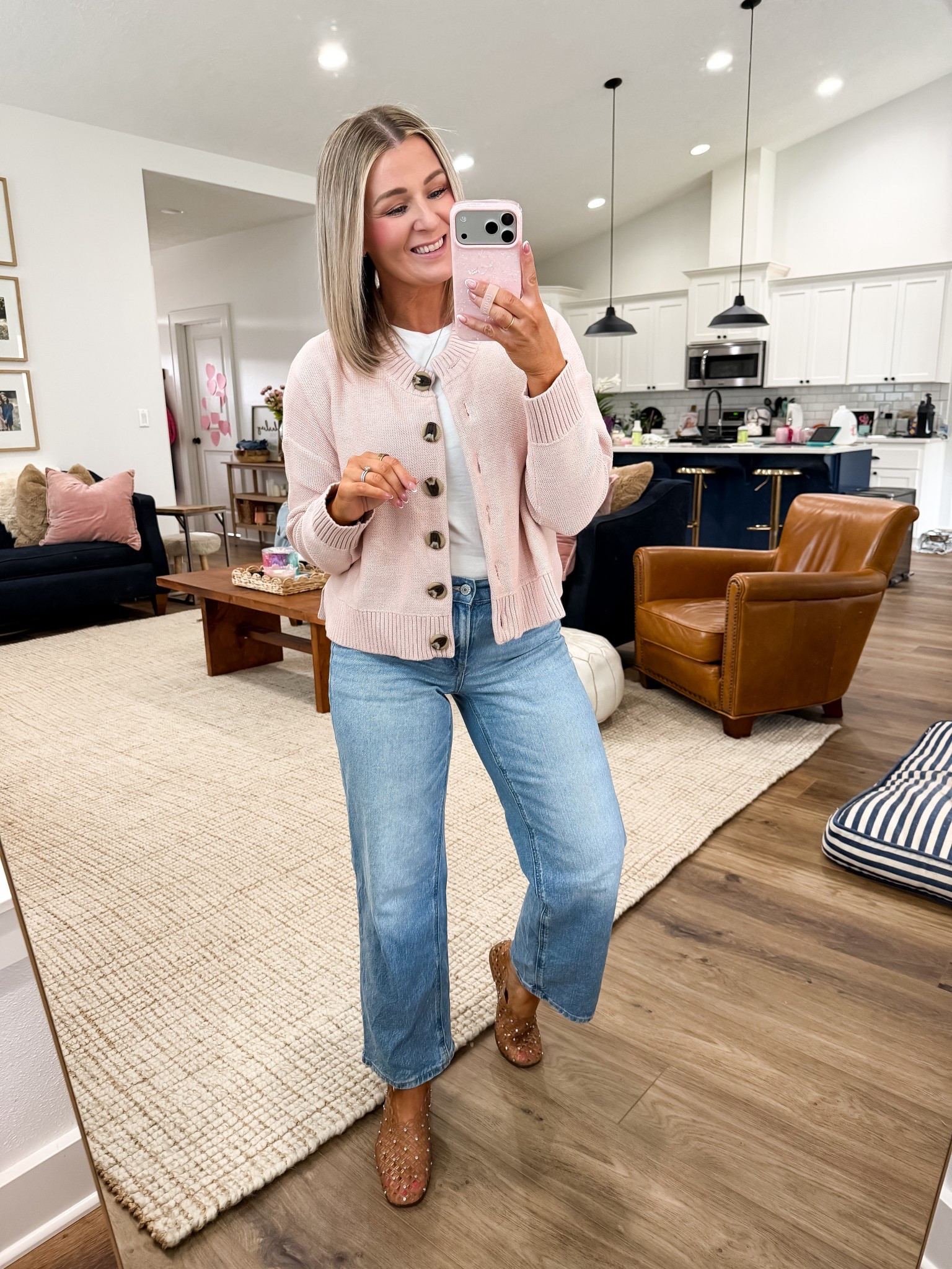 What I’m wearing today 

0 short jeans - size down 
Medium cardigan for a relaxed fit 
I’m a 6.5/7 and did a 7 in the jelly shoes 

#LTKOver40 #LTKPetite #LTKootd